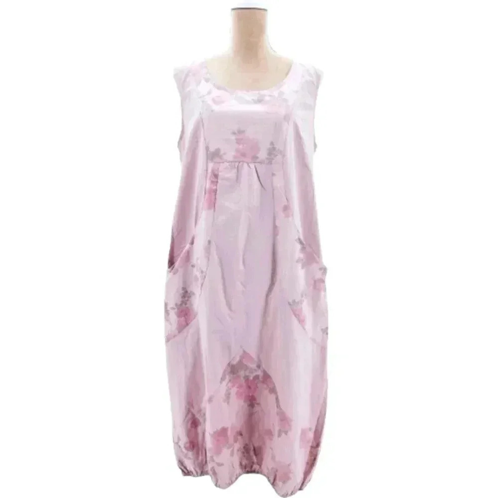 MISSLOOK Pink Floral Sleeveless Midi Dress Boho Cottagecore Pockets Size M